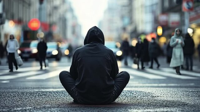 This footage captures a unique perspective of a person meditating in a busy urban setting. It highlights contrast between solitude and the bustle of city life. Generative AI