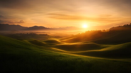 Obraz premium A peaceful landscape of rolling hills under a gentle sunset, conveying feelings of serenity and contentment.