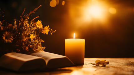 A peaceful Thanksgiving prayer setting with a candlelit altar, Bible, and autumn flowers surrounding a family in prayer.
