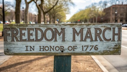 Independence Day + Parade + Historical Wooden sign reading "Freedom March in Honor of 1776" on a tree-lined street, symbolizing historical significance and remembrance.
