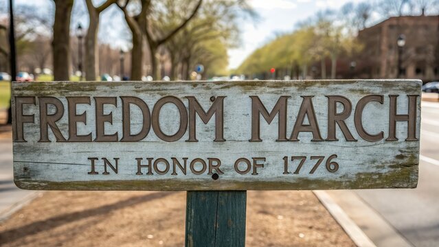 Independence Day + Parade + Historical Wooden sign reading "Freedom March in Honor of 1776" on a tree-lined street, symbolizing historical significance and remembrance.