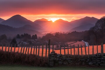 Obraz premium Majestic Sunrise over Mountain Valley Village Scenic Landscape