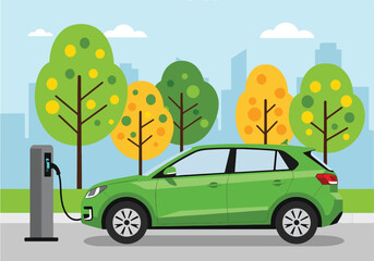 Adobe Illustrator Artwork Eco-friendly vector flat illustration of a green electric car charging at a station in a park. Symbolizes sustainable transportation, ecology, and a clean environment