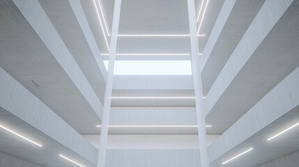 Modern, minimalist, light-filled interior.  Interior design of a multi-level, open-plan building featuring concrete and light accents.  High ceilings and bright lighting create a spacious, airy feel