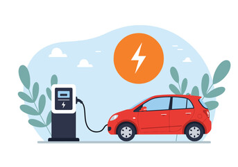 Adobe Illustrator Artwork Eco-friendly vector flat illustration of a green electric car charging at a station in a park. Symbolizes sustainable transportation, ecology, and a clean environment