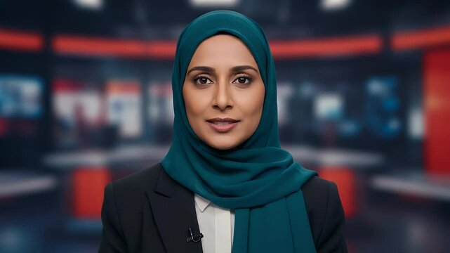 Portrait of a Muslim Woman News Anchor in a Studio
