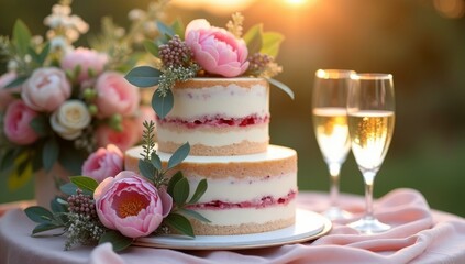 Elegant two-tier naked cake with peonies and champagne for outdoor wedding celebration