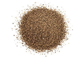 A top down view of a pile of coarsely ground black pepper on a plain white background in a studio shot