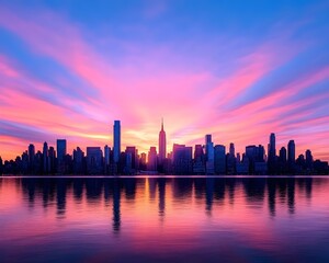 Obraz premium Vibrant sunrise paints city skyline with pink and purple hues, reflected in calm water