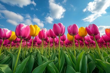 Stunning Pink and Yellow Tulips Under a Vibrant Sky