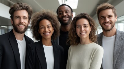 A diverse group of young individuals is gathered in a bright modern office. They are smiling and engaging with each other, showcasing a collaborative and positive work environment