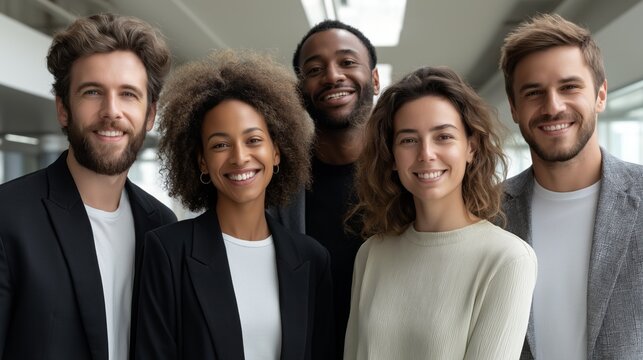 A diverse group of young individuals is gathered in a bright modern office. They are smiling and engaging with each other, showcasing a collaborative and positive work environment