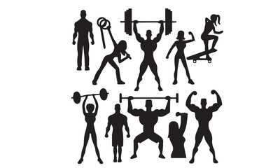 People exercise in gym. Female and male characters leading healthy lifestyle