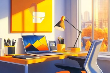 Stylish workspace setup pastel accents open laptop reading lamp and comfortable chair against a bright window