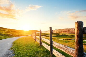 Scenic Sunset Over Rolling Green Hills and Wooden Fence alongside Country Road