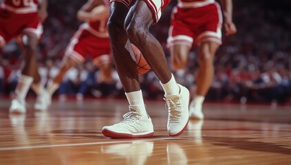 Action Shot of Basketball Player Dribbling on Court with Blurred Background Emphasizing Shoes and Ball Handling in Arena with Spectators