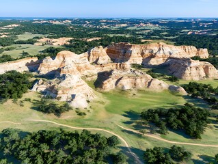 Aerial view of a stunning landscape with unique rock formations green meadows and winding paths through a natural park