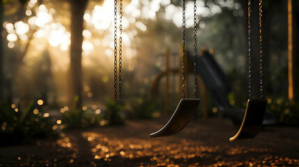 Empty Playground Swing Set At Sunrise