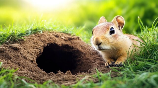 Cute ground squirrel near burrow