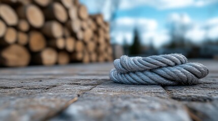 Fototapeta premium Gray rope coiled on a paved surface, with a stack of logs in the background