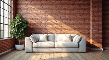 Loft with a red brick wall and floor-to-ceiling grid windows. A white sofa in the center and a large potted plant beside it. Sunlight falls in strips.
