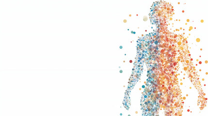 Colorful silhouette of human figure composed of various sized dots, representing diversity and vitality. background is light, enhancing vibrant