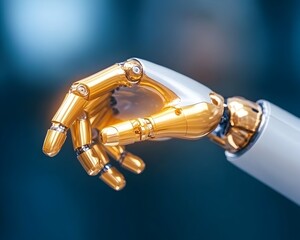 A close-up of a robotic hand, gold and white, poised in a delicate gesture
