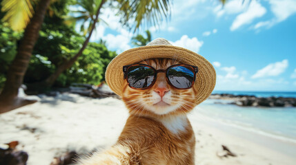 Fototapeta premium Ginger tabby cat taking a selfie at the tropical beach