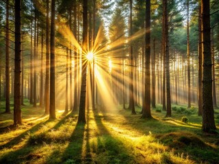 Obraz premium Minimalist Sunrays Filtering Through Forest Canopy: Peaceful Nature Scene