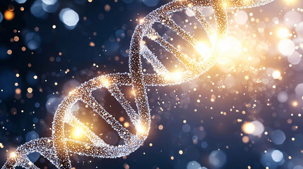 Sparkling DNA strand illuminated by soft lights creates mesmerizing visual effect, symbolizing life and genetic beauty