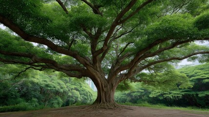 Majestic Ancient Tree: Serene Canopy in Lush Green Landscape