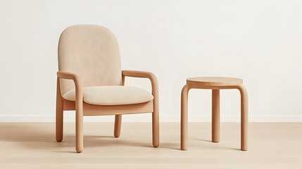 A light beige upholstered armchair with curved wooden arms and legs, accompanied by a small, round wooden side table