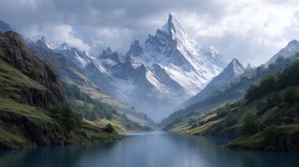Fototapeta premium Majestic Snow-Capped Peaks Reflecting in Serene Lake: A Tranquil Landscape