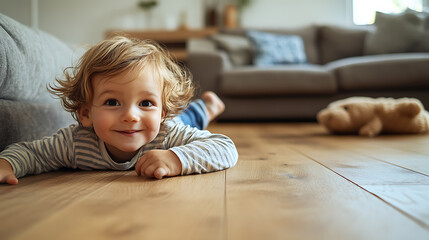 Naklejka premium Baby Crawling on Wooden Floor with Teddy Bear in Background