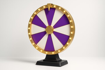 Isolated Prize Wheel with Purple and White Sections, Lit by Golden Lights; Represents Games, Chance, Luck, and Rewards.