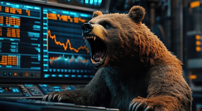 Angry Bear Roars at Falling Stock Market Data on Computer Screens - Powered by Adobe