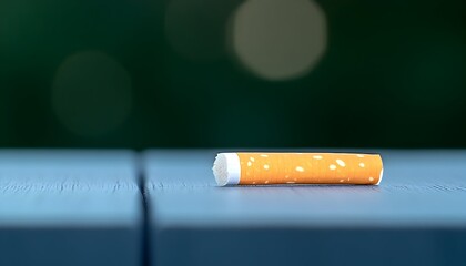 A single cigarette rests on a gray surface against a blurred green background