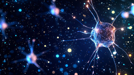 Glowing neural network with vibrant connections and particles in cosmic background creates mesmerizing visual experience