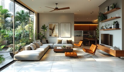 Obraz premium Modern apartment living room, tropical view, sunlight, plants