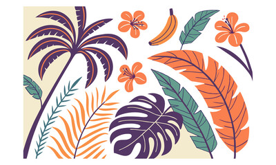 Tropical leaves, palm fronds, monstera leaf, hibiscus flowers, pastel colors, flat design, vector illustration, botanical pattern, retro style, minimalist, graphic art, colorful foliage, orange and pu