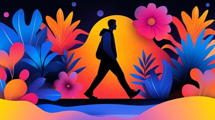 Obraz premium Silhouette of a person walking on a path is surrounded by colorful plants and a bright gradient backdrop.