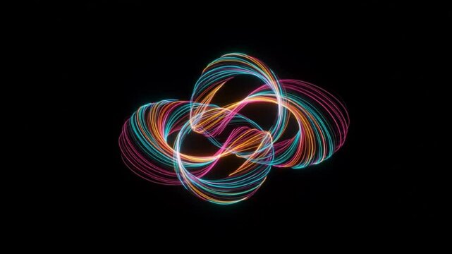 A rotating M&ouml;bius strip made of glowing lines twists endlessly against a black background  