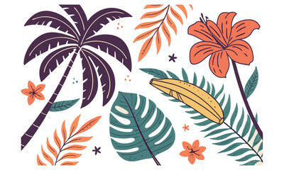 Tropical illustration, palm tree silhouette, monstera leaf, hibiscus flower, frangipani blossom, exotic foliage, colorful botanical elements, retro style, flat design, vibrant colors, orange and purpl