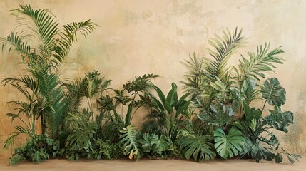 Tropical foliage arranged in front of a beige, textured wall.