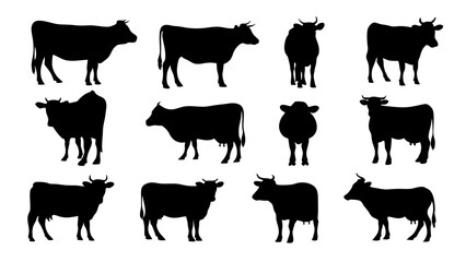 set of cows silhouette vector on tranparent background