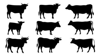 set of cows silhouette vector on tranparent background