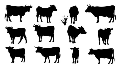 set of cows silhouette vector on tranparent background