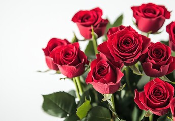 Obraz premium Beautiful bouquet of vibrant red roses arranged with green leaves on a light background, perfect for celebrating love and special occasions.