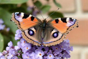 Colorful butterfly resting on vibrant purple flower in a sunny garden setting
