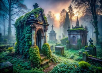 Naklejka premium Misty Overgrown Cemetery Mausoleum - Long Exposure Stock Photo